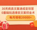 30天疯卖文案速成变现营，0基础玩透爆卖文案捞金术！每月增收20000+