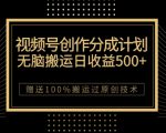 最新视频号创作分成计划，无脑搬运一天收益500+，100%搬运过原创技巧【揭秘】