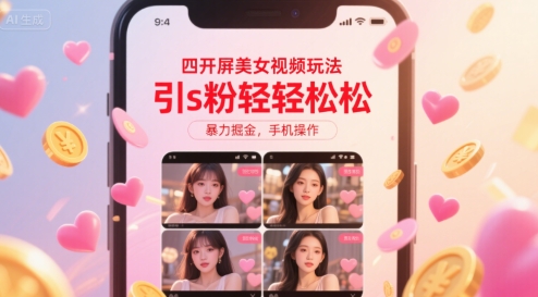 四开屏美女视频玩法，引s粉轻轻松松，暴力掘金，手机操作【揭秘】