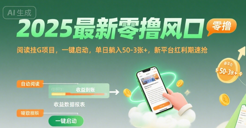 2025最新零撸风口,阅读挂G项目,一键启动,单日躺入 50-3张+,新平台红利期速抢【揭秘】