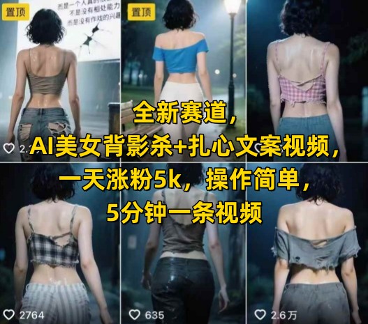 全新赛道，AI美女背影杀+扎心文案视频，一天涨粉5k，操作简单，5分钟一条视频-林文副业站