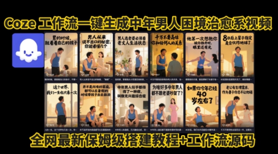 coze工作流一键生成”中年男人困境扎心高涨粉高播放量图文视频”保姆级拆解教程，无需剪辑，无需拍摄写文案-全网创业项目资源库