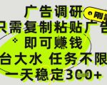 广告调研项目，只需复制粘贴广告即可挣钱，平台大水，任务不限量，一天3张【揭秘】