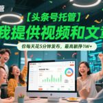 【头条号托管 】我提供视频和文章，你每天花5分钟发布，最高躺挣1W+【揭秘】