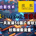 搜狐+DeepSeek引流创业粉，老平台新技术，一天发满50篇广告软文，拉爆搜索流量
