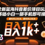 全新蓝海抖音差价项目玩法，0基础小白一部手机即可操作，暴利风口玩法，日入1k+【揭秘】