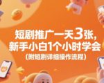 短剧推广一天3张，新手小白1个小时学会(附短剧详细操作流程)