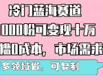 冷门蓝海赛道，1000粉可变现十W，无门槛0成本，市场需求大，可多领域做，可复制性强