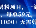 抖音男粉项目，一部手机搞定，每单59米，当天变现1k+  无需剪辑
