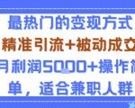 小众赛道玩法：当下最热门的变现方式，精准引流+被动成交月利润5k+操作简单，适合兼职人群