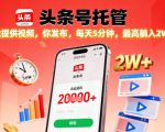 【头条号托管】我提供视频，你发布，每天5分钟，最高躺入2W+【揭秘】