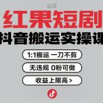 红果短剧拉新之抖音搬运实操课，1：1搬运，一刀不剪，无违规，0粉可做，收益上限高