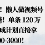 蓝海赛道，懒人做视频号也能躺挣，单条120W赞，分成计划直接拿1.5k，不用拍不用剪