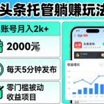 头条托管躺賺玩法，单账号月入2k+，每天5分钟发布即可，零门槛被动收益项目【揭秘】