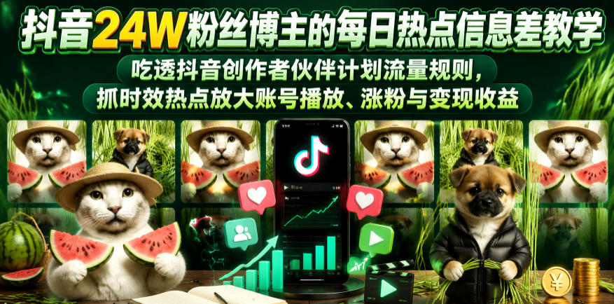 抖音24W粉丝博主的每日热点信息差教学,吃透创作者伙伴计划流量规则,抓时效热点放大账号播放、涨粉与变现收益-水滴知识网