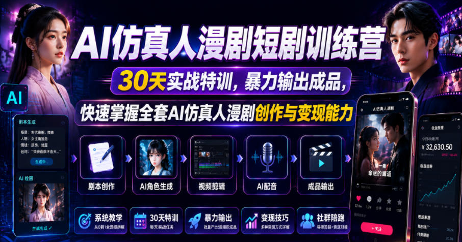 AI仿真人漫剧短剧训练营,30天实战特训,暴力输出成品,快速掌握全套AI仿真人漫剧创作与变现能力-水滴知识网