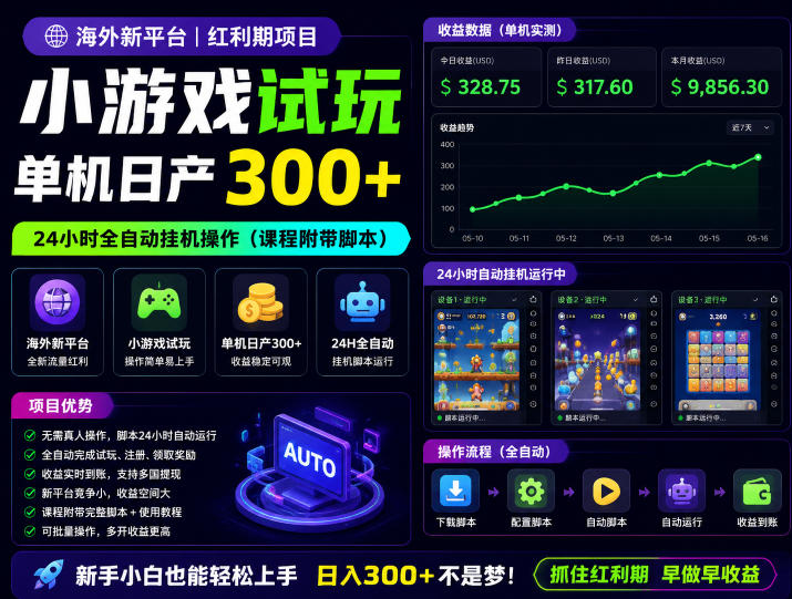 海外新平台，小游戏操作简单，单机日入300+，24小时全自动挂G轻松躺赚（课程赠送脚本）【揭秘】-鱼渣资源