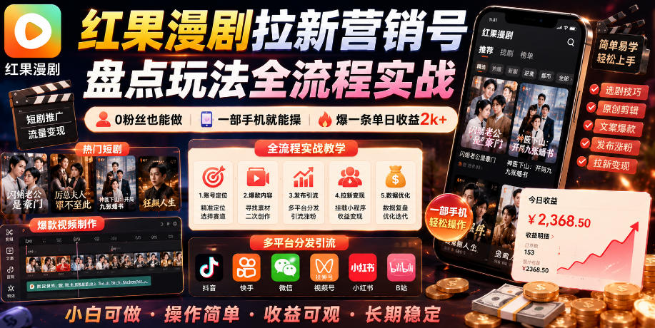 红果漫剧拉新营销号盘点玩法全流程实战，0粉丝也能做，一部手机就能做，爆一条单日收益2k+（更新0628）-水滴知识网
