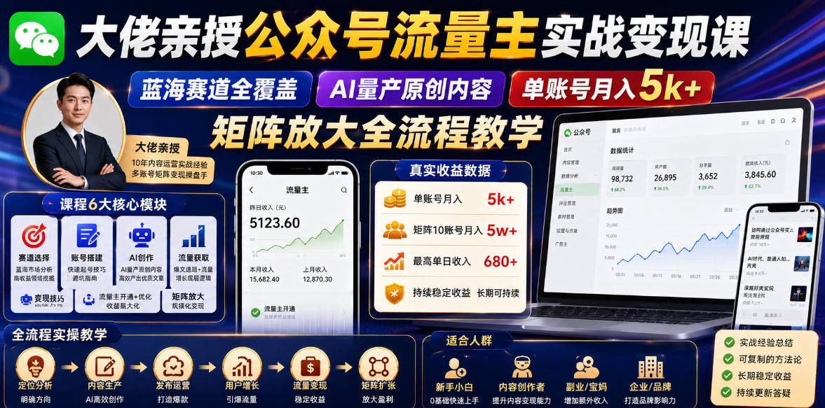 大佬亲授公众号流量主实战变现课,蓝海赛道全覆盖,AI量产原创内容,单账号月入5k+矩阵放大全流程教学-水滴知识网