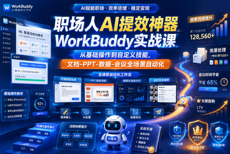 职场人AI提效神器WorkBuddy实战课,从基础操作到自定义技能,文档-PPT-数据-会议全场景自动化-水滴知识网