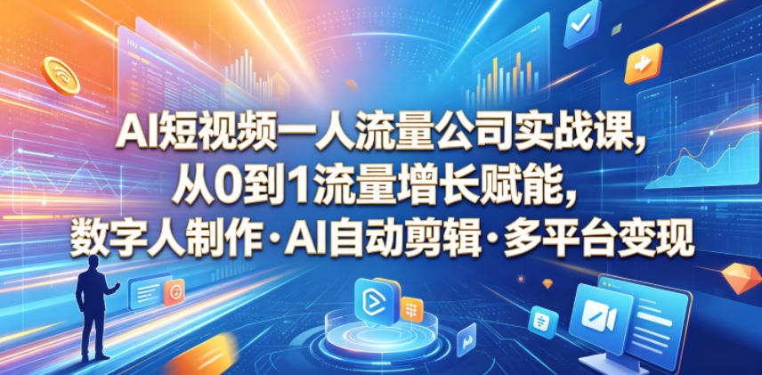AI短视频一人流量公司实战课,从0到1流量增长赋能,数字人制作・AI自动剪辑・多平台变现,一人做流量生意全落地教程-水滴知识网