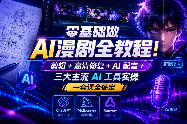 零基础做AI漫剧全教程!剪辑+高清修复+AI配音+三大主流AI工具实操,一套课全搞定-水滴知识网