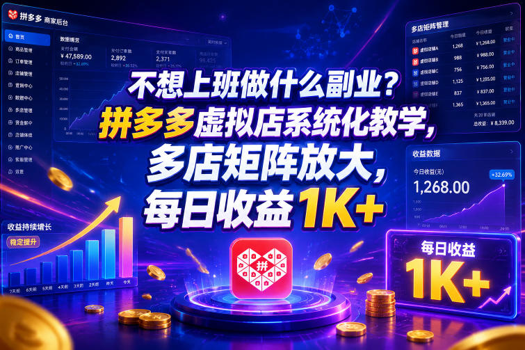 不想上班做什么副业?拼多多虚拟店系统化教学,多店矩阵放大,每日收益1K+【揭秘】-水滴知识网