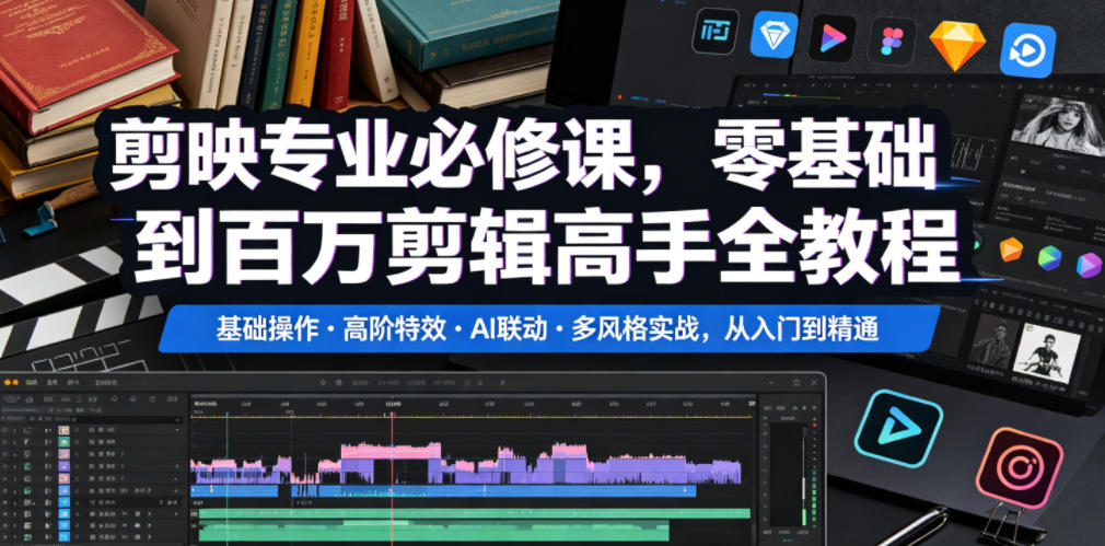 剪映专业必修课,零基础到百万剪辑高手全教程,基础操作・高阶特效・AI联动・多风格实战,从入门到精通-水滴知识网