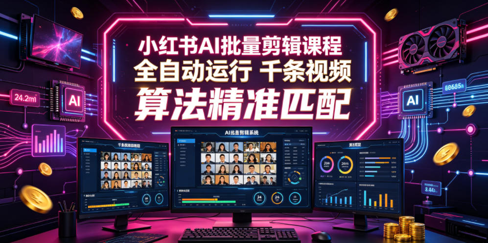 小红书AI批量剪辑课程,24小时全自动运行,解放双手专注运营,千条视频批量处理,小红书算法精准匹配-球球资源网