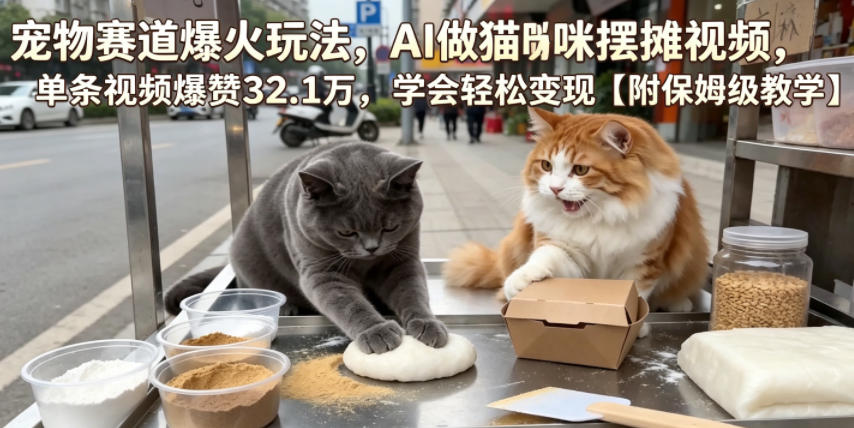 宠物赛道爆火玩法，AI做猫咪摆摊视频，单条视频爆赞32.1万，学会轻松变现【附保姆级教学】-水滴知识网