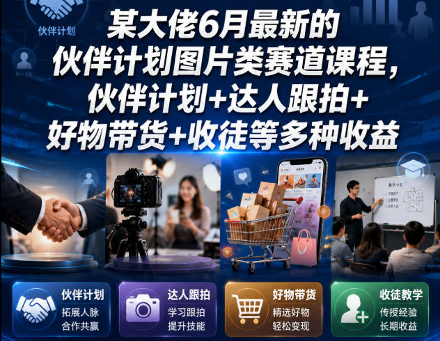 某大佬6月最新的伙伴计划图片类赛道课程，伙伴计划+达人跟拍+好物带货+收徒等多种收益-水滴知识网