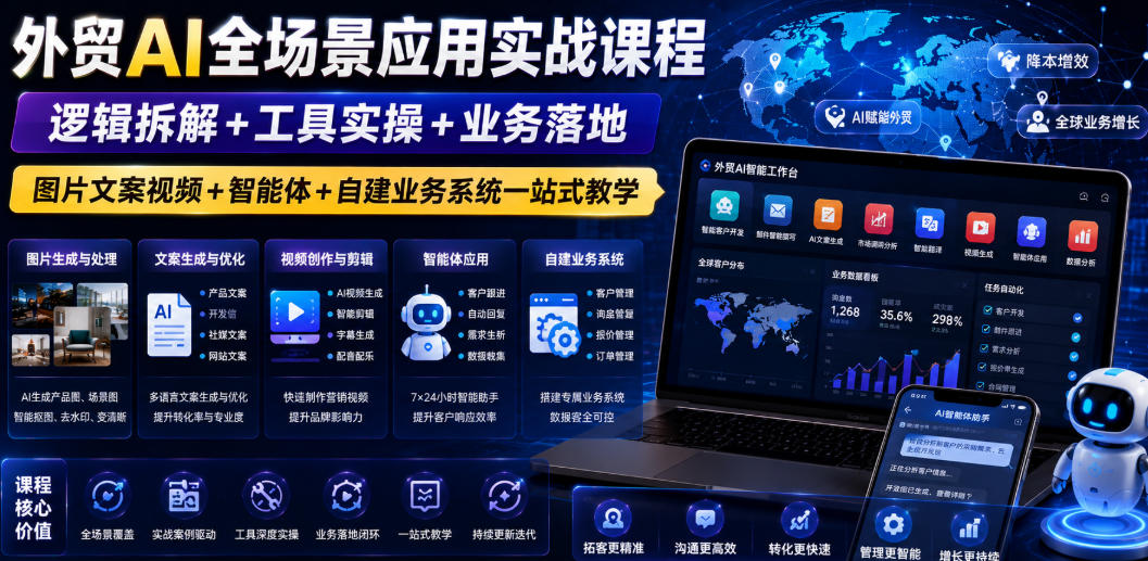 外贸AI全场景应用实战课程｜逻辑拆解+工具实操+业务落地，图片文案视频+智能体+自建业务系统一站式教学-水滴知识网
