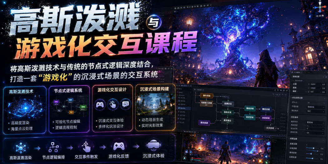 高斯泼溅与游戏化交互课程，将高斯泼溅技术与传统的节点式逻辑深度结合，打造一套“游戏化”的沉浸式场景的交互系统-水滴知识网