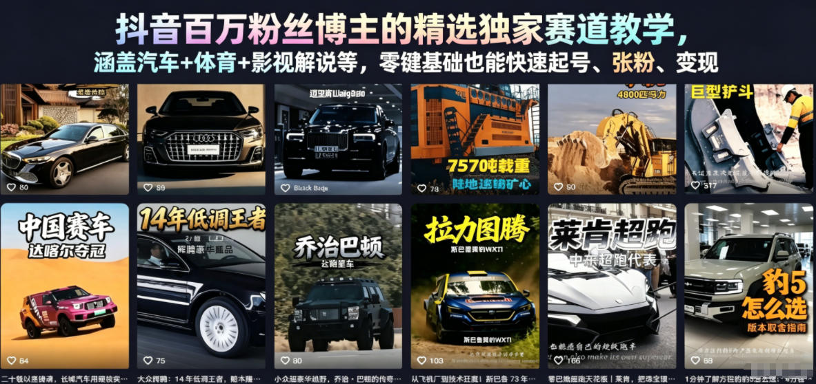 抖音百万粉丝博主的精选独家赛道教学,涵盖汽车+体育+影视解说等,零基础也能快速起号、涨粉、变现-木木学长网创分享