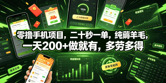零撸手机项目，二十秒一单，纯薅羊毛，一天200+做就有，多劳多得【揭秘】-球球资源网