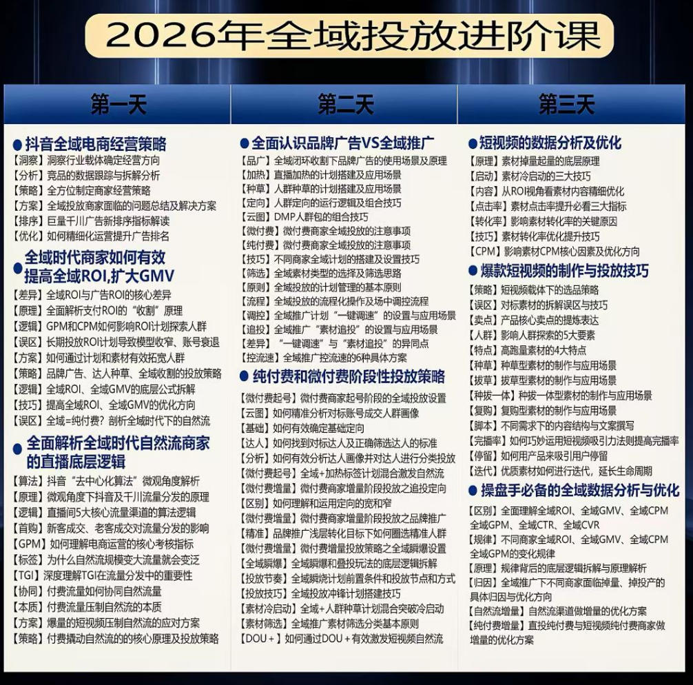 千川扫地僧2026抖音全域投放进阶课,少走弯路·快速起量·掌控增长,6月12-14号杭州线下课1 千川扫地僧2026抖音全域投放进阶课,少走弯路·快速起量·掌控增长,6月12-14号杭州线下课1