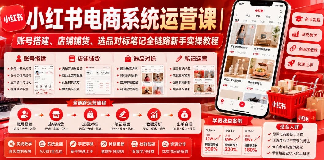 小红书电商系统运营课|账号搭建、店铺铺货、选品对标笔记全链路新手实操教程 小红书电商系统运营课|账号搭建、店铺铺货、选品对标笔记全链路新手实操教程