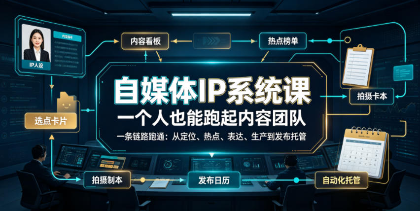 自媒体IP系统课,一个人也能跑起内容团队,一条链路跑通,从定位、热点、表达、生产到发布托管-球球资源网