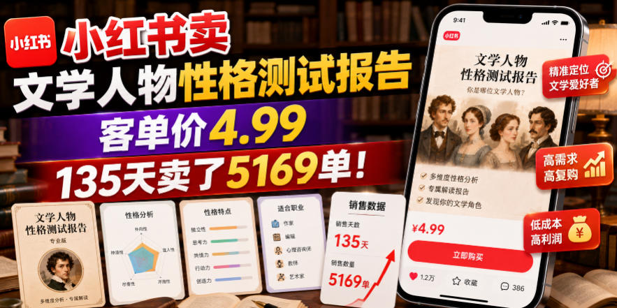 小红书卖文学人物性格测试报告,客单价4.99,135天卖了5169单!-球球资源网