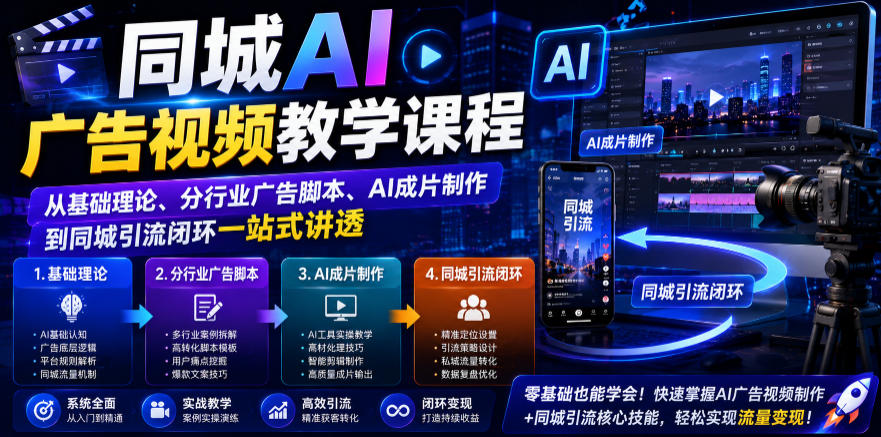 同城AI广告视频教学课程,从基础理论、分行业广告脚本、AI成片制作到同城引流闭环一站式讲透-球球资源网