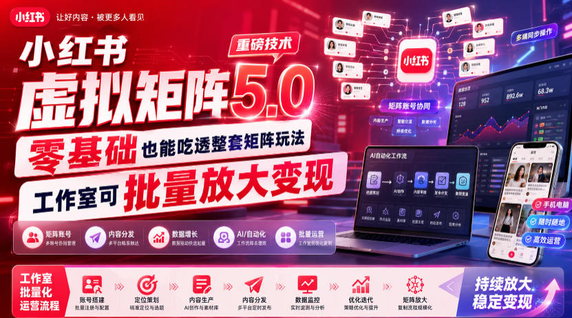 小红书虚拟矩阵5.0重磅技术，零基础也能吃透整套矩阵玩法，工作室可批量放大变现|2026副业赚钱项目成长社群_微雨副业网_网上赚钱教程