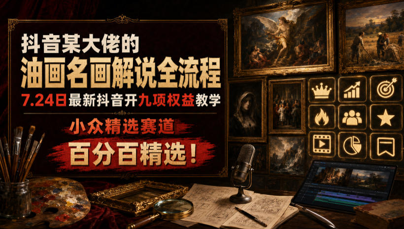 抖音某大佬的油画名画解说全流程，7.24日最新抖音开九项权益教学，小众精选赛道，百分百精选！|2026副业赚钱项目成长社群_微雨副业网_网上赚钱教程