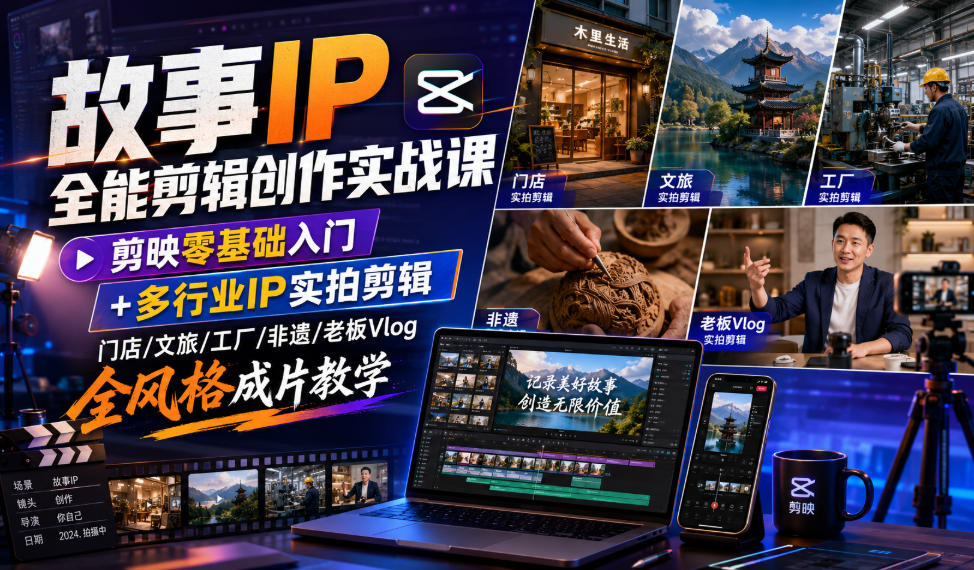 故事IP全能剪辑创作实战课｜剪映零基础入门+多行业IP实拍剪辑，门店/文旅/工厂/非遗/老板Vlog全风格成片教学-小白项目分享网