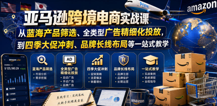 亚马逊跨境电商实战课，从蓝海产品筛选、全类型广告精细化投放，到四季大促冲刺、品牌长线布局等一站式教学（更新8月）