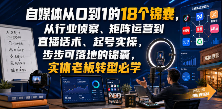 自媒体从0到1的18个锦囊,从行业侦察、矩阵运营到直播话术、起号实操,步步可落地的锦囊,实体老板转型必学-木木学长网创分享