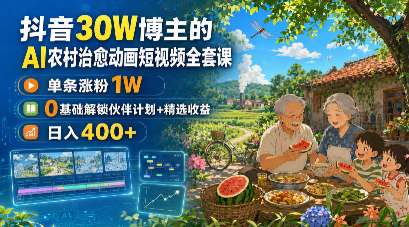抖音30W博主的AI农村治愈动画短视频全套课|单条涨粉1W,0基础解锁伙伴计划+精选收益,日入400+-木木学长网创分享