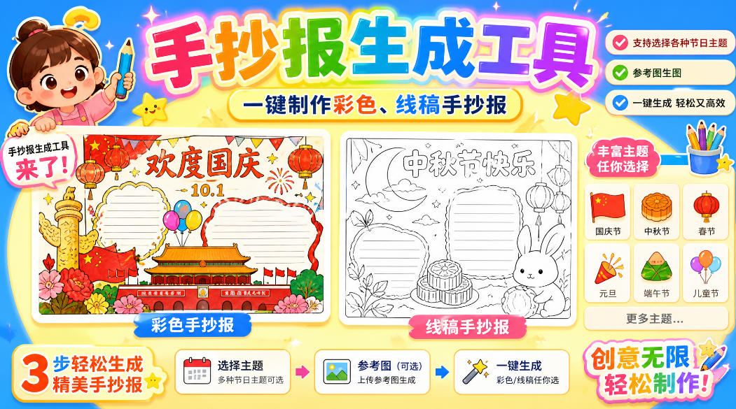 手抄报批量生成工具来了,完全免费,告别豆包生图,高清无水印