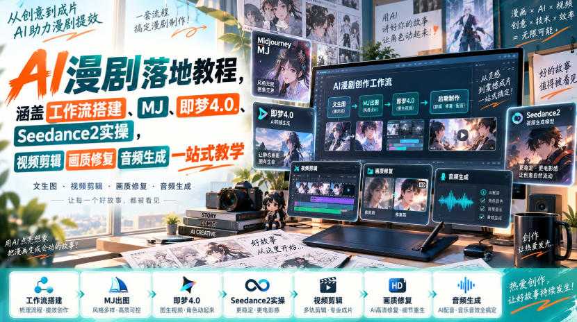 AI漫剧落地教程,涵盖工作流搭建、MJ、即梦4.0、Seedance2实操,视频剪辑画质修复音频生成一站式教学