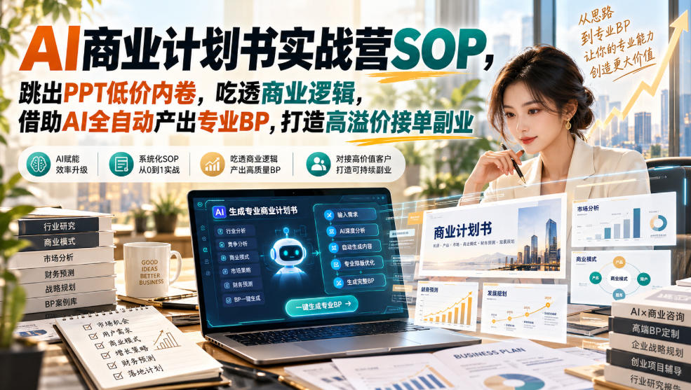 【无水印】AI商业计划书实战营SOP,跳出PPT低价内卷,吃透商业逻辑,借助AI全自动产出专业BP,打造高溢价接单副业
