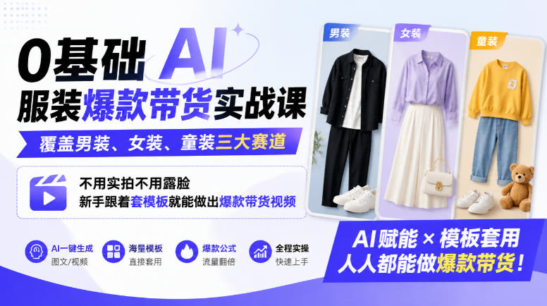 0基础AI服装爆款带货实战课｜覆盖男装、女装、童装三大赛道，不用实拍不用露脸，新手跟着套模板就能做出爆款带货视频